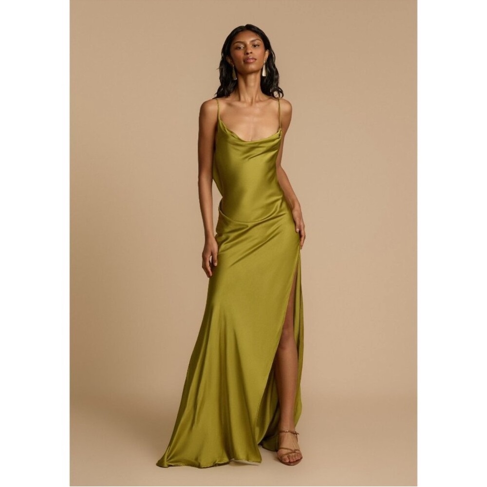 Satin Cowl Neck Maxi Slip Dress in Olive Green